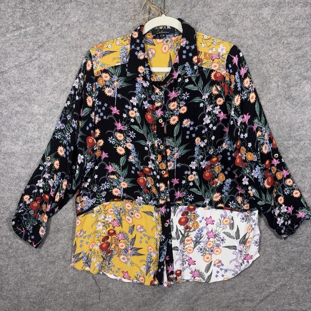 Calessa Blouse Tunic Womens Sz XL Black Floral Patchwork Textured Roll Tab